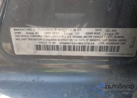 2009 Volkswagen Jetta Se из США, поврежденный, VIN 3VWRM71K59M137639